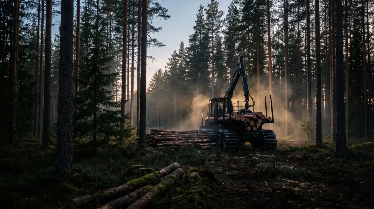 Skotare som lastar timmer i tallskog i skymningsljus