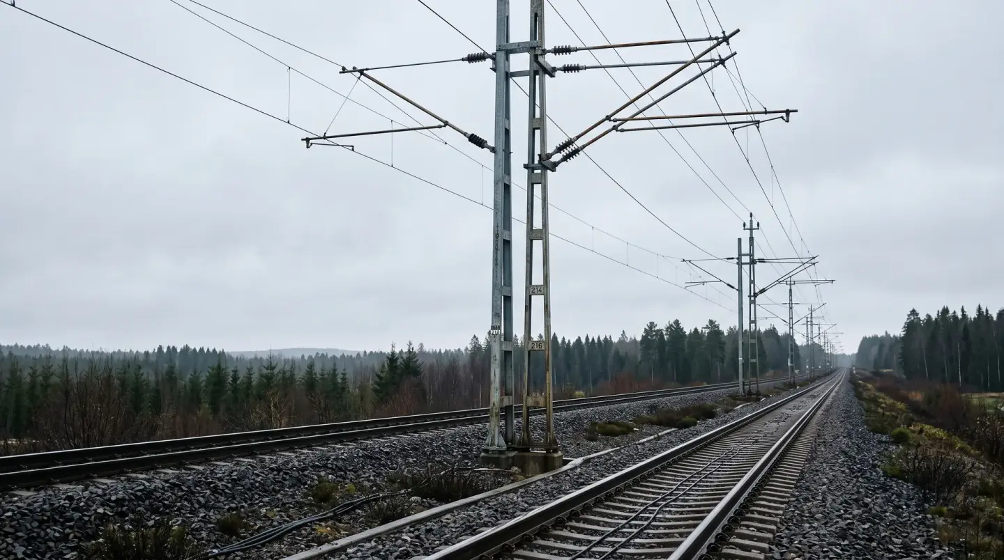 Kontaktledningsstolpar med bäranordningar och isolatorer längs ett elektrifierat dubbelspår